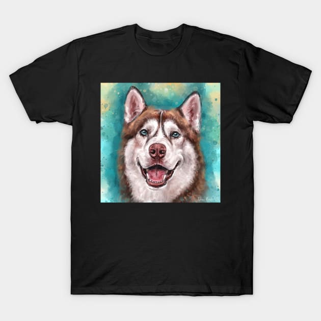 Brown and White Siberian Husky Smiling on Blue background T-Shirt by ibadishi